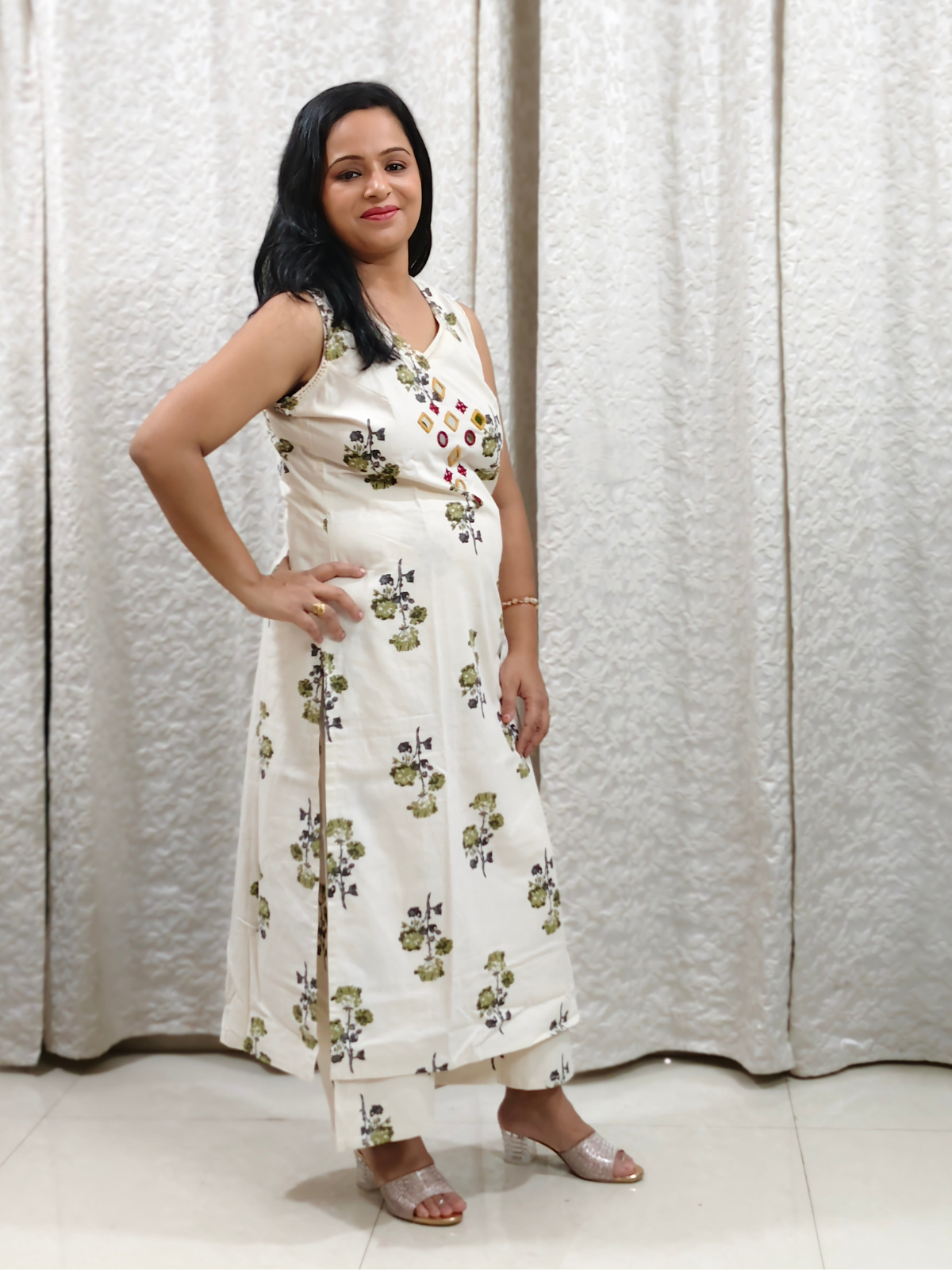 White Floral Hand Block Print Cotton A Line Kurta Set (Set of 2)