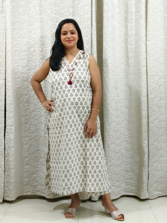 White Hand Block Print Cotton A Line Dress with Mirror Work