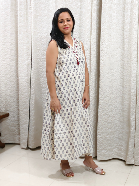 White Hand Block Print Cotton A Line Dress with Mirror Work